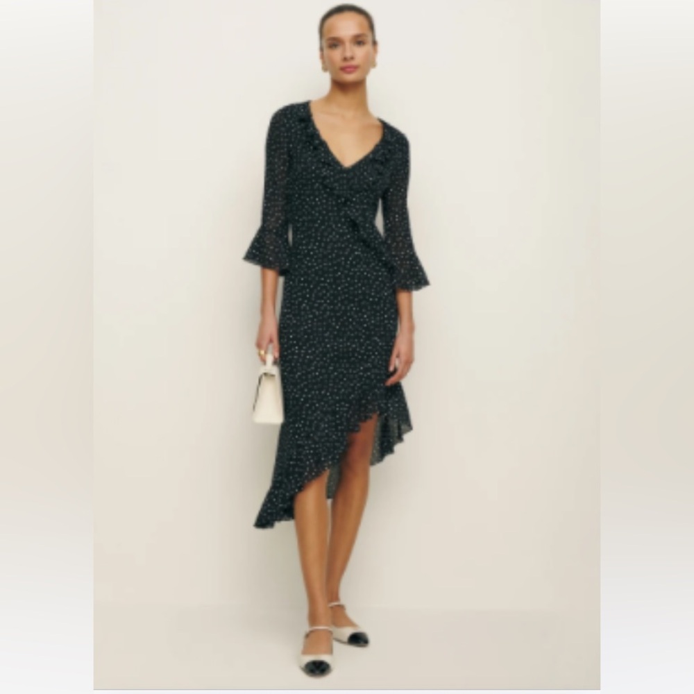NWT Reformation Roseanna Dress Black White Polka Dot Ruffle Asymmetric Hem Sz 0